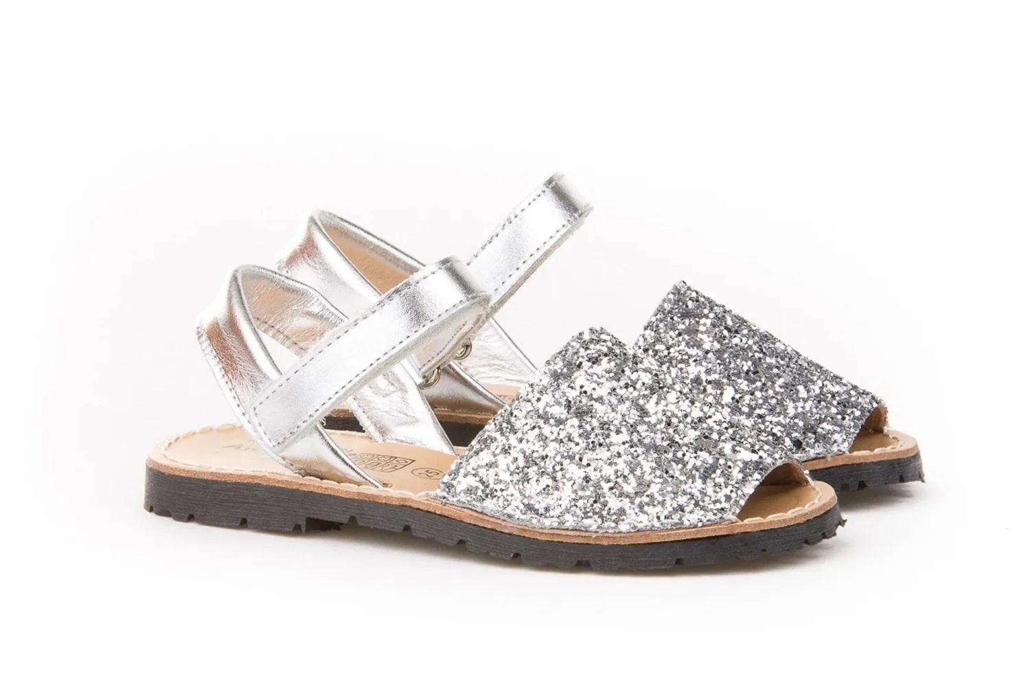 Angelitos - Girls Silver Glitter Leather Menorcan Sandals IN-STOCK