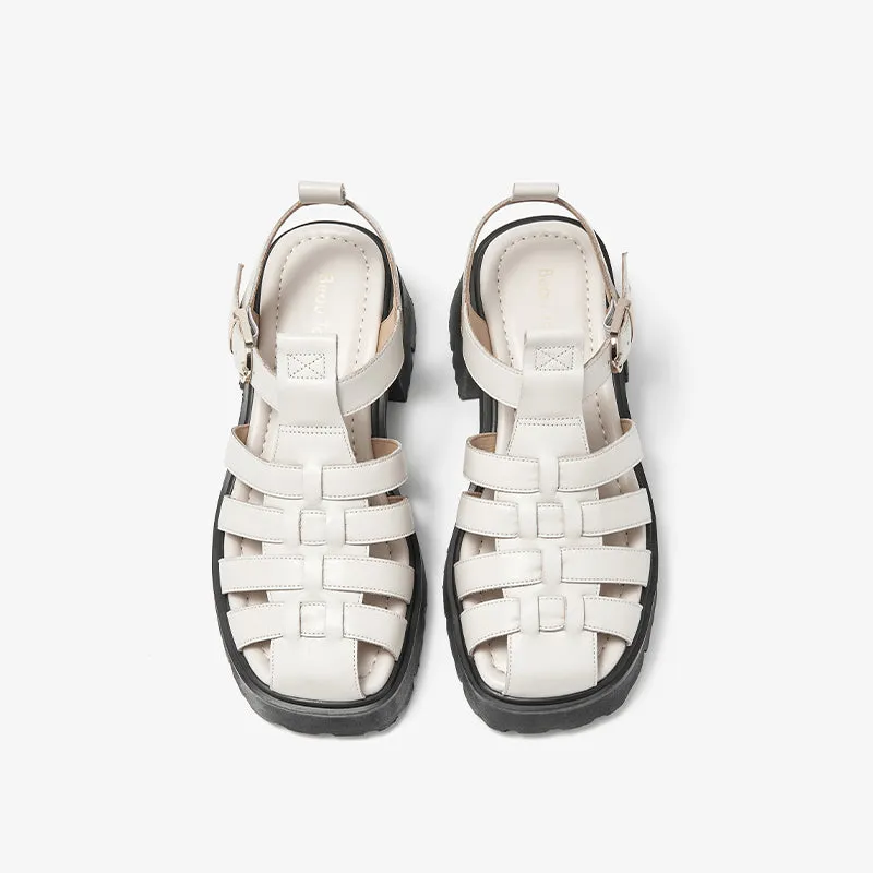 BeauToday Calfskin Leather Chunky Fisherman Sandals with  Block Heeled for Women