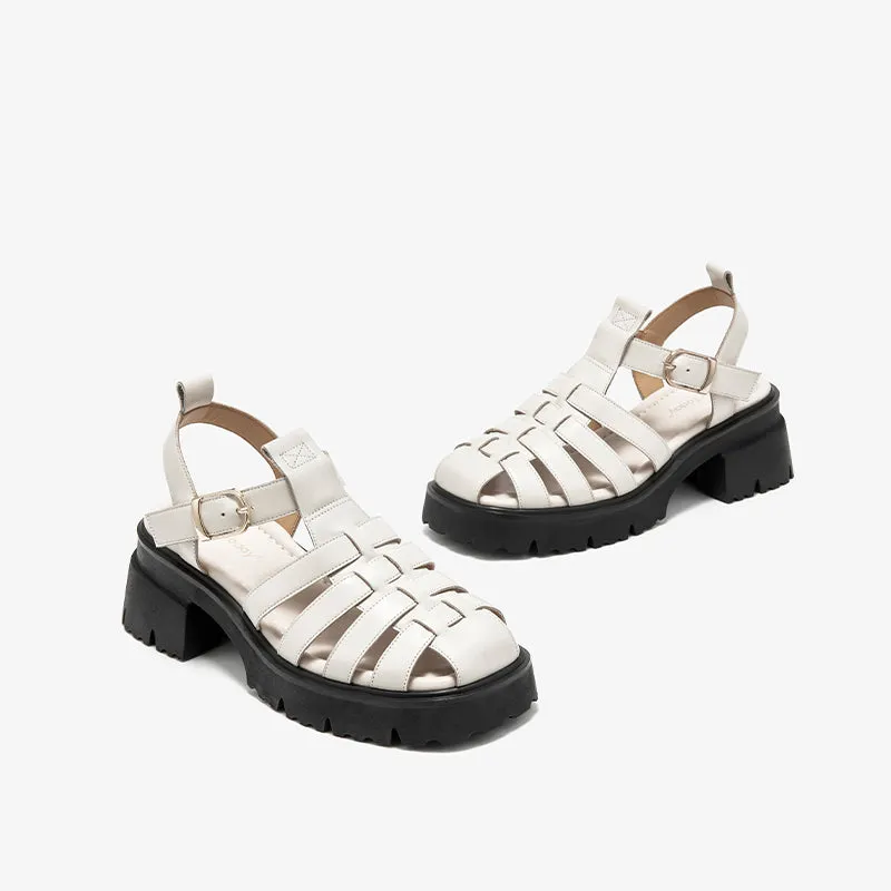 BeauToday Calfskin Leather Chunky Fisherman Sandals with  Block Heeled for Women
