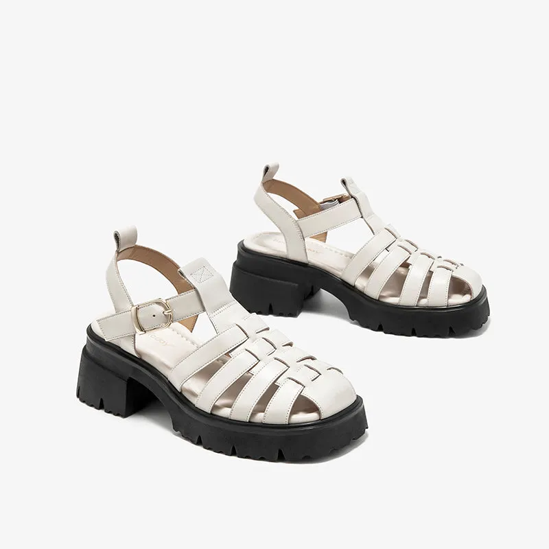 BeauToday Calfskin Leather Chunky Fisherman Sandals with  Block Heeled for Women