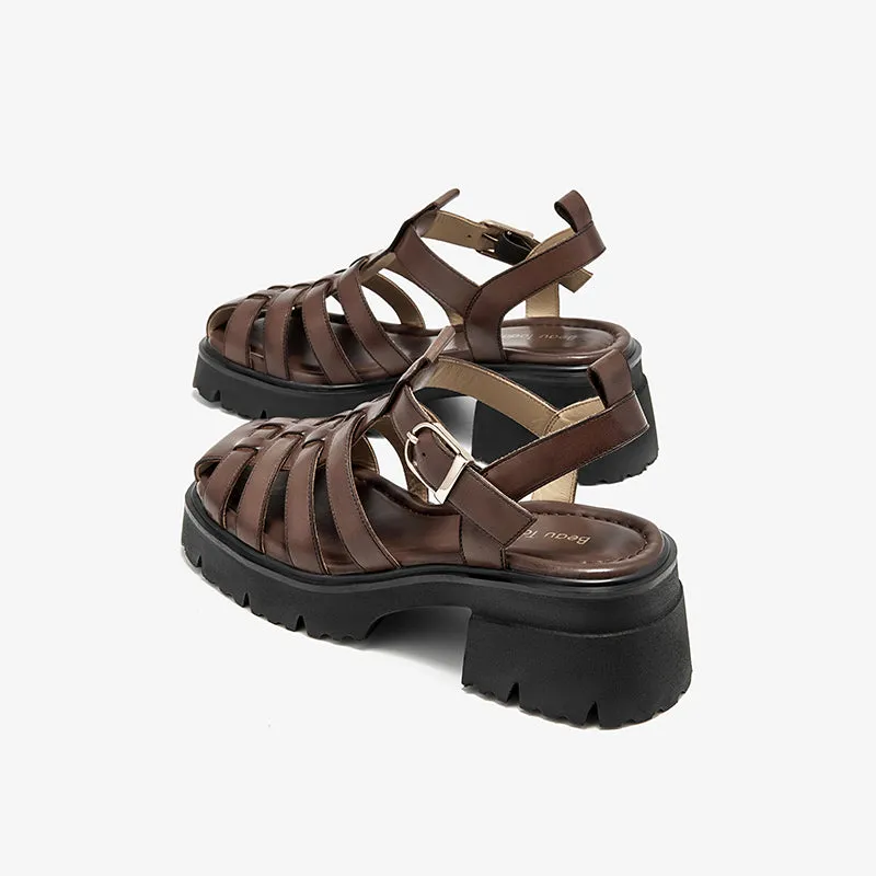 BeauToday Calfskin Leather Chunky Fisherman Sandals with  Block Heeled for Women