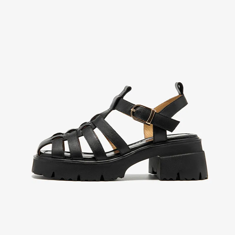 BeauToday Calfskin Leather Chunky Fisherman Sandals with  Block Heeled for Women