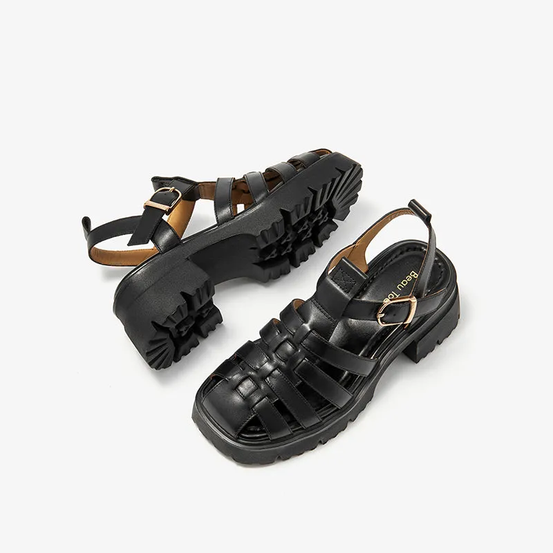 BeauToday Calfskin Leather Chunky Fisherman Sandals with  Block Heeled for Women