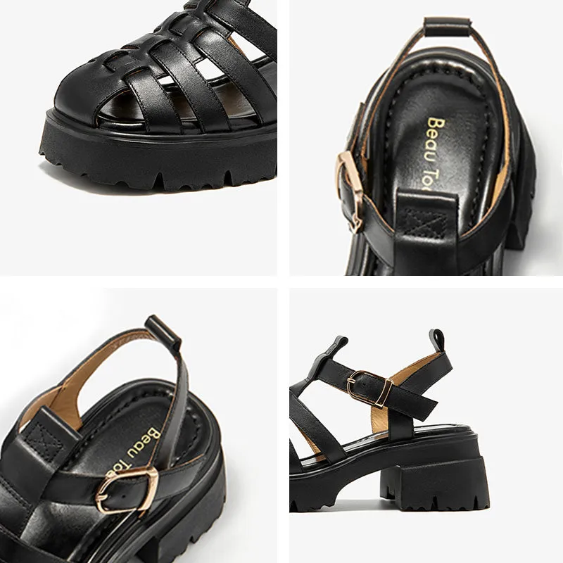 BeauToday Calfskin Leather Chunky Fisherman Sandals with  Block Heeled for Women