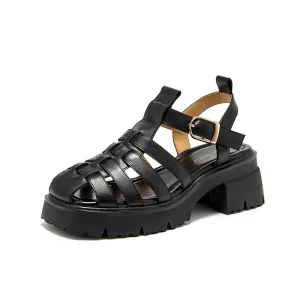 BeauToday Calfskin Leather Chunky Fisherman Sandals with  Block Heeled for Women