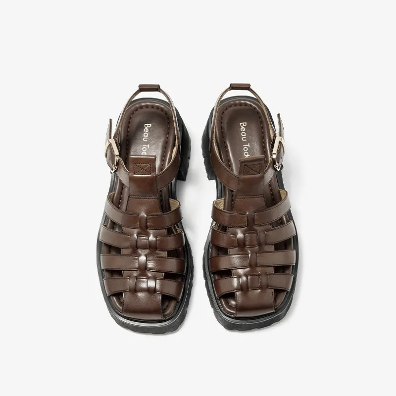 BeauToday Calfskin Leather Chunky Fisherman Sandals with  Block Heeled for Women