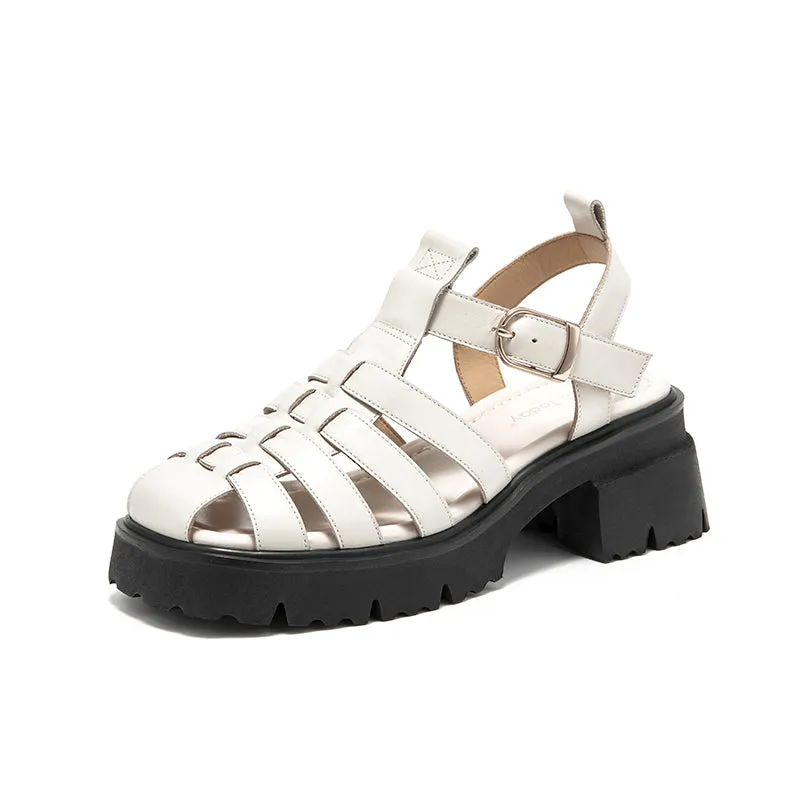 BeauToday Calfskin Leather Chunky Fisherman Sandals with  Block Heeled for Women