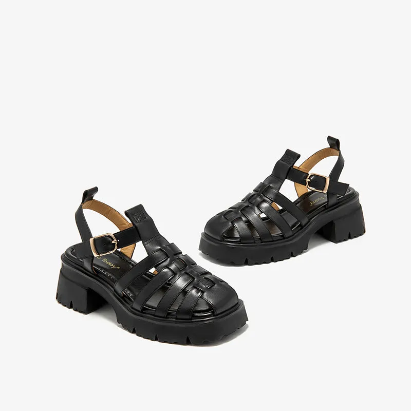 BeauToday Calfskin Leather Chunky Fisherman Sandals with  Block Heeled for Women