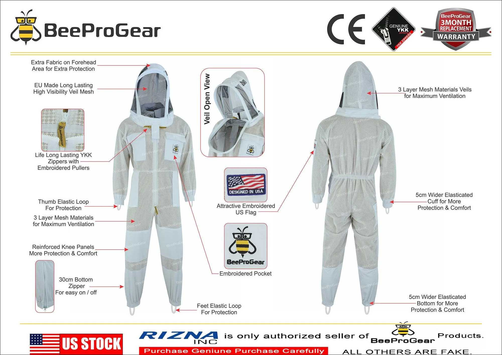 BeeProGear Ultra Ventilated 3-Layer Pilot Suit - Advanced Protection | White