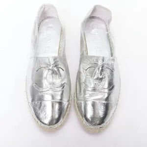 CHANEL metallic silver laminated goatskin CC logo jute espadrilles EU38