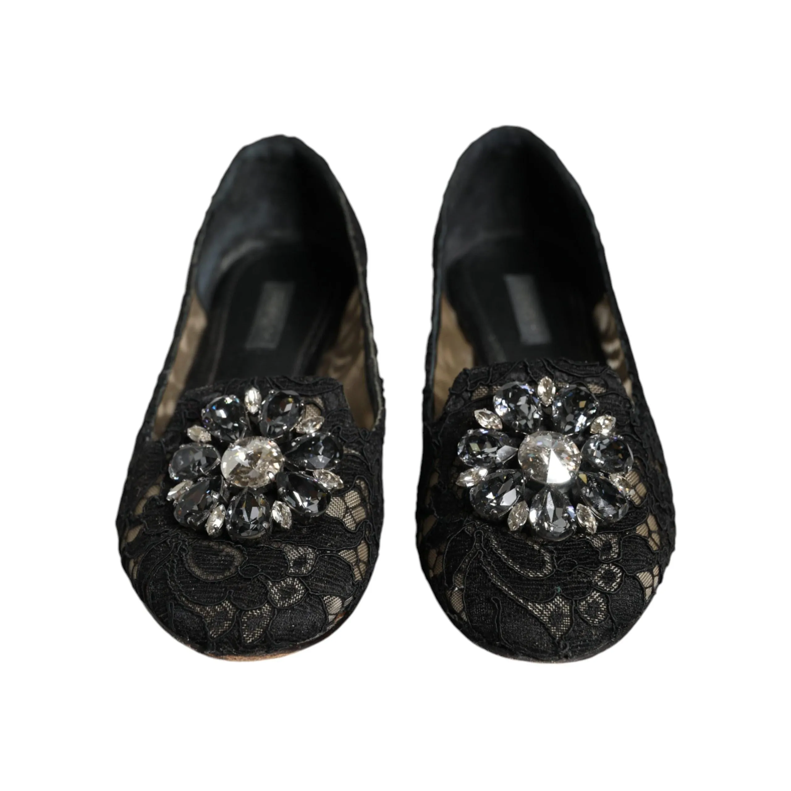 Dolce & Gabbana Black Lace Crystal Ballet Flats Loafer Shoes