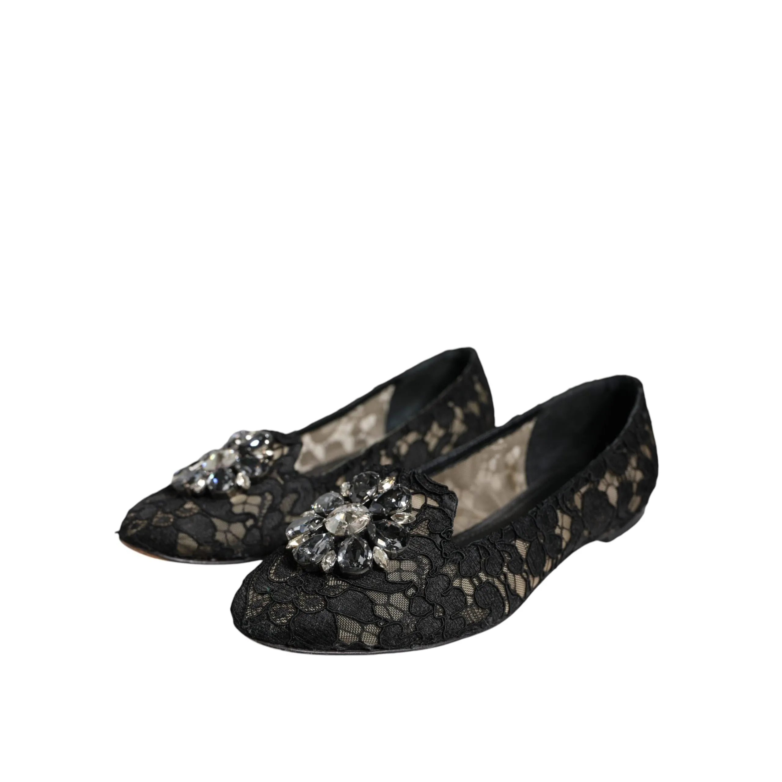 Dolce & Gabbana Black Lace Crystal Ballet Flats Loafer Shoes