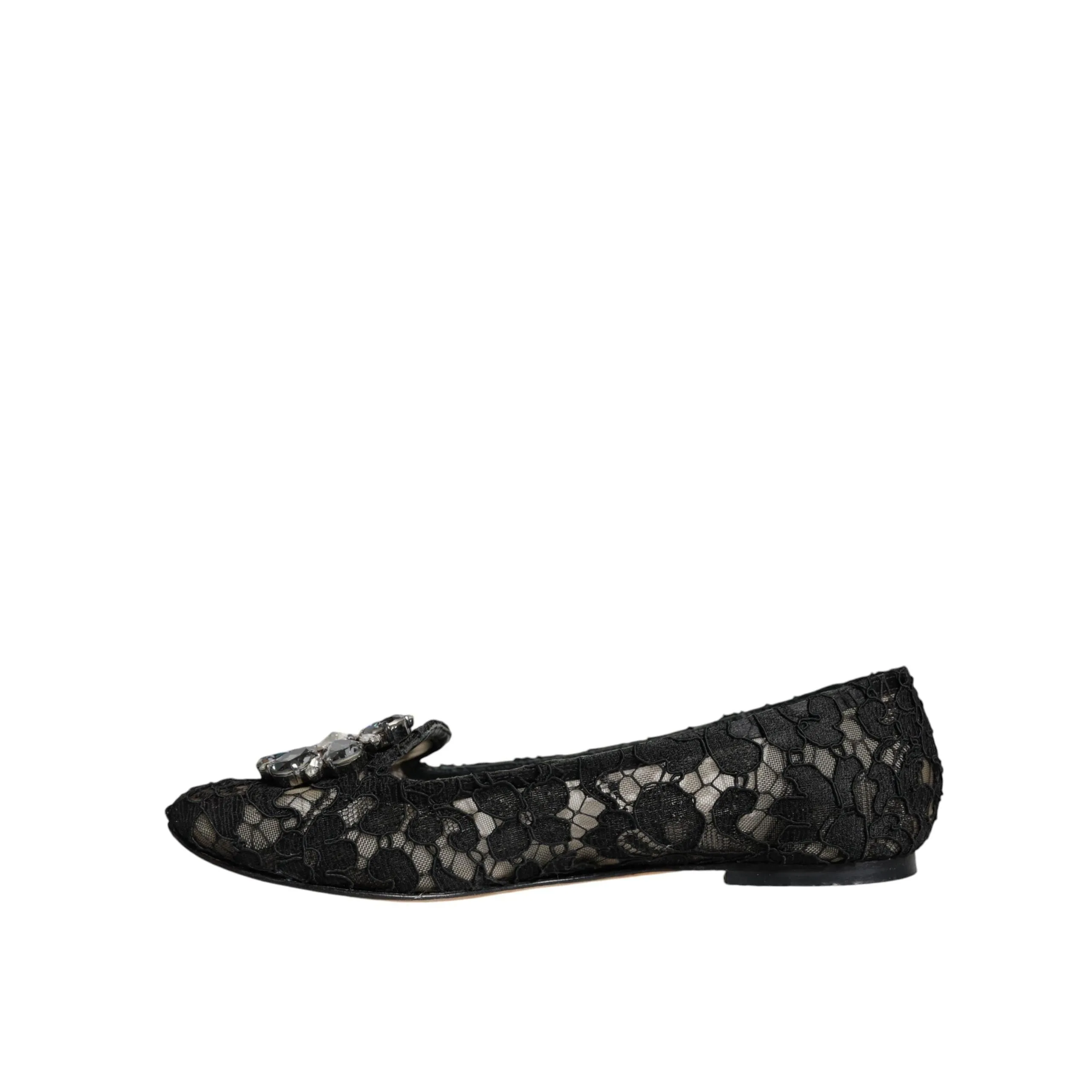 Dolce & Gabbana Black Lace Crystal Ballet Flats Loafer Shoes
