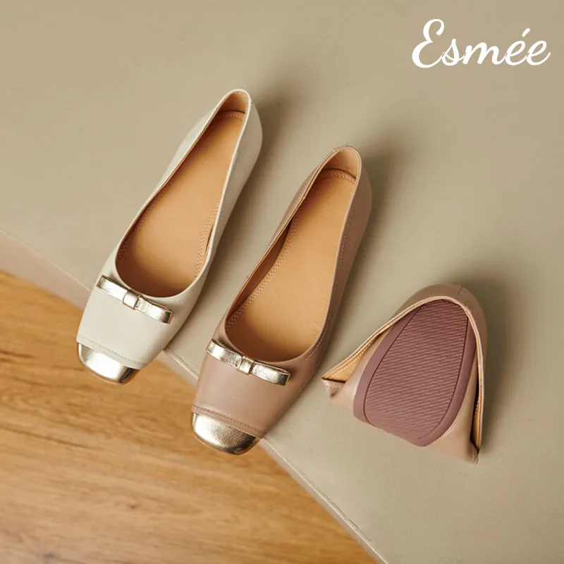 Extra Soft Leather Ballerina with Golden Bow Knot and Toe Cap