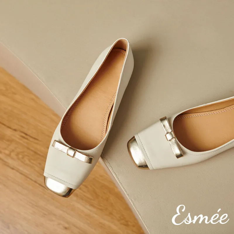 Extra Soft Leather Ballerina with Golden Bow Knot and Toe Cap