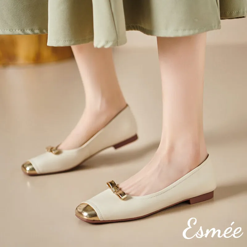 Extra Soft Leather Ballerina with Golden Bow Knot and Toe Cap