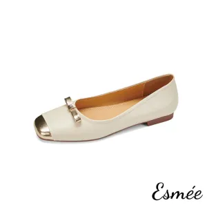 Extra Soft Leather Ballerina with Golden Bow Knot and Toe Cap