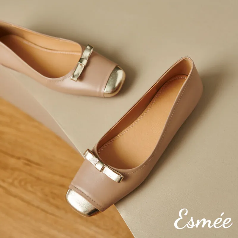 Extra Soft Leather Ballerina with Golden Bow Knot and Toe Cap
