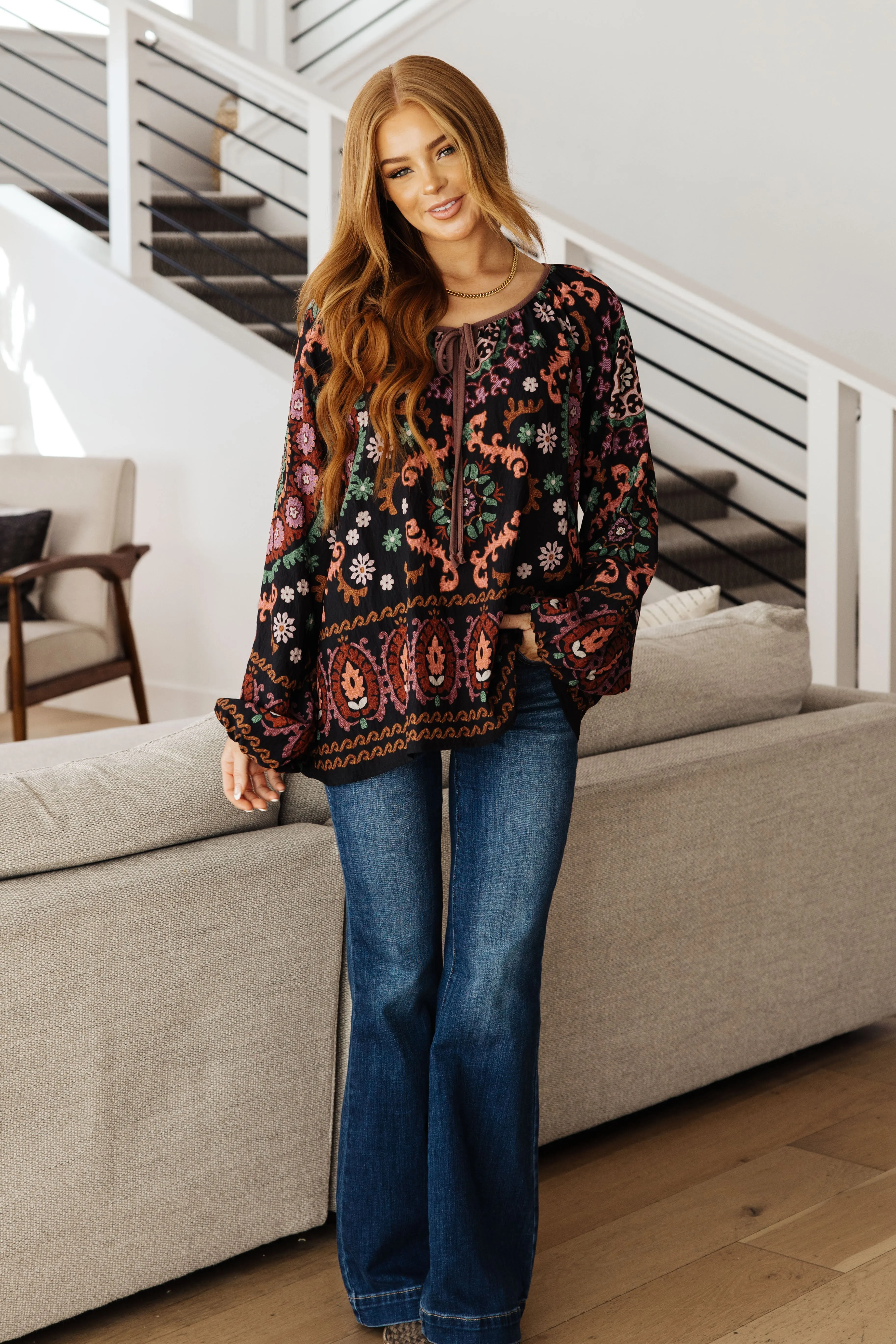 I Feel That Peasant Blouse Boho Black Multicolor