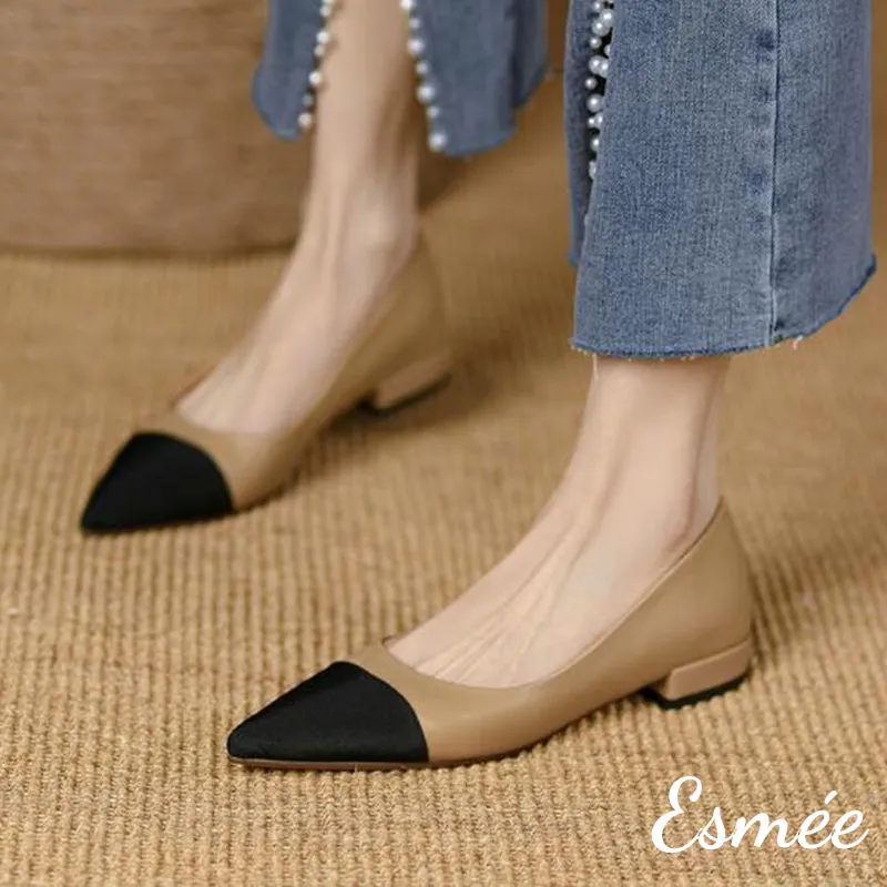 Leather Flats with Black Pointed Toe Cap