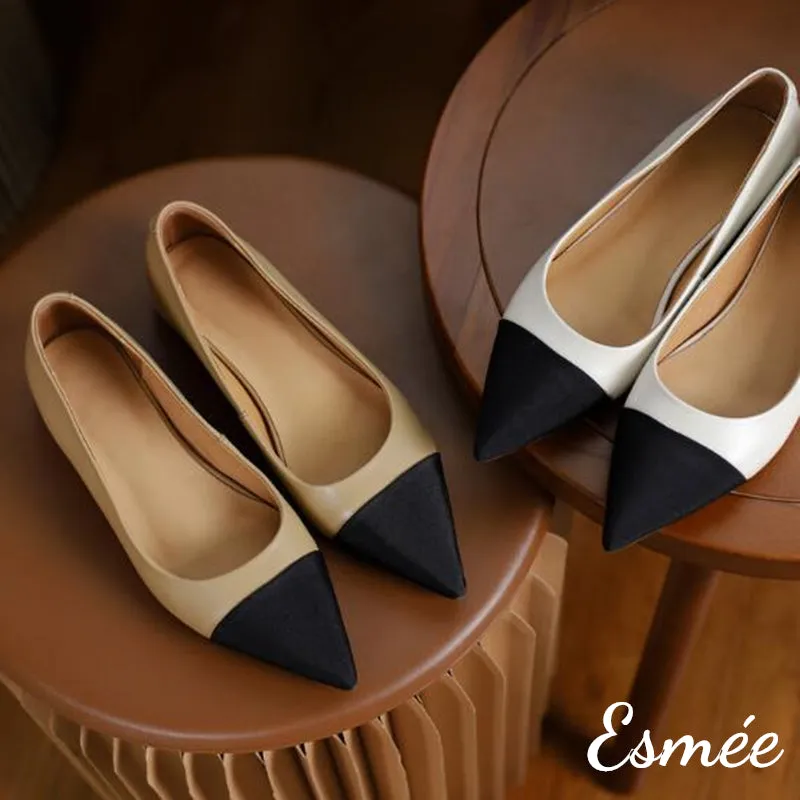 Leather Flats with Black Pointed Toe Cap