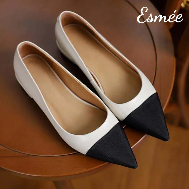 Leather Flats with Black Pointed Toe Cap