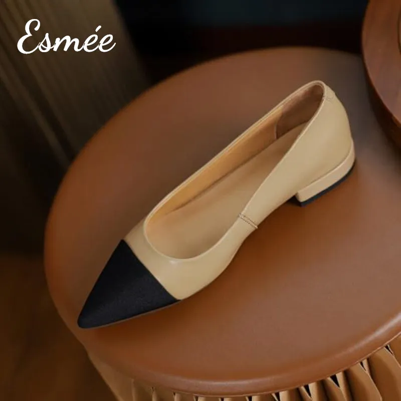 Leather Flats with Black Pointed Toe Cap