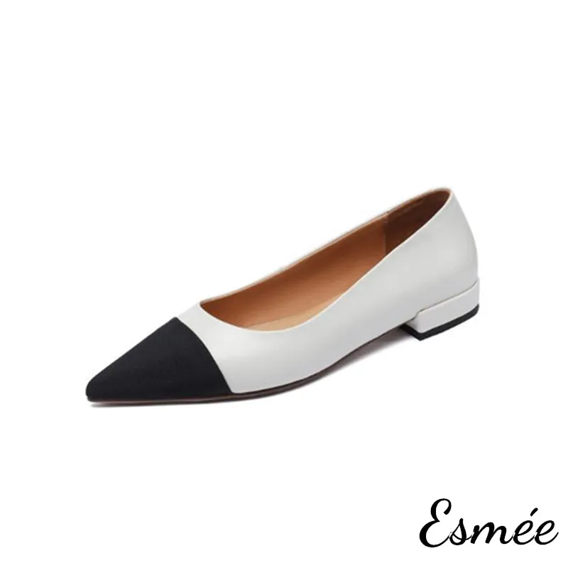 Leather Flats with Black Pointed Toe Cap