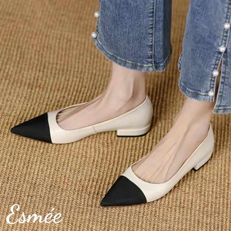 Leather Flats with Black Pointed Toe Cap