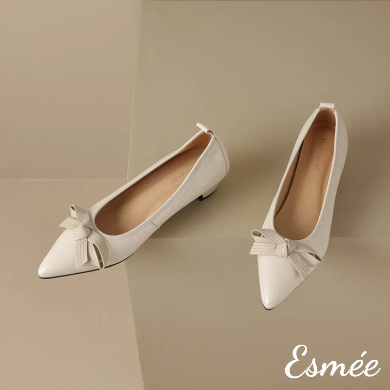 Leather Low Heels with Bow Knot