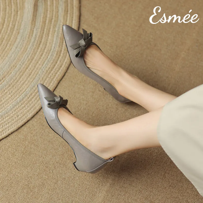 Leather Low Heels with Bow Knot