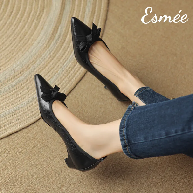 Leather Low Heels with Bow Knot