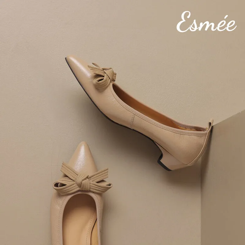 Leather Low Heels with Bow Knot