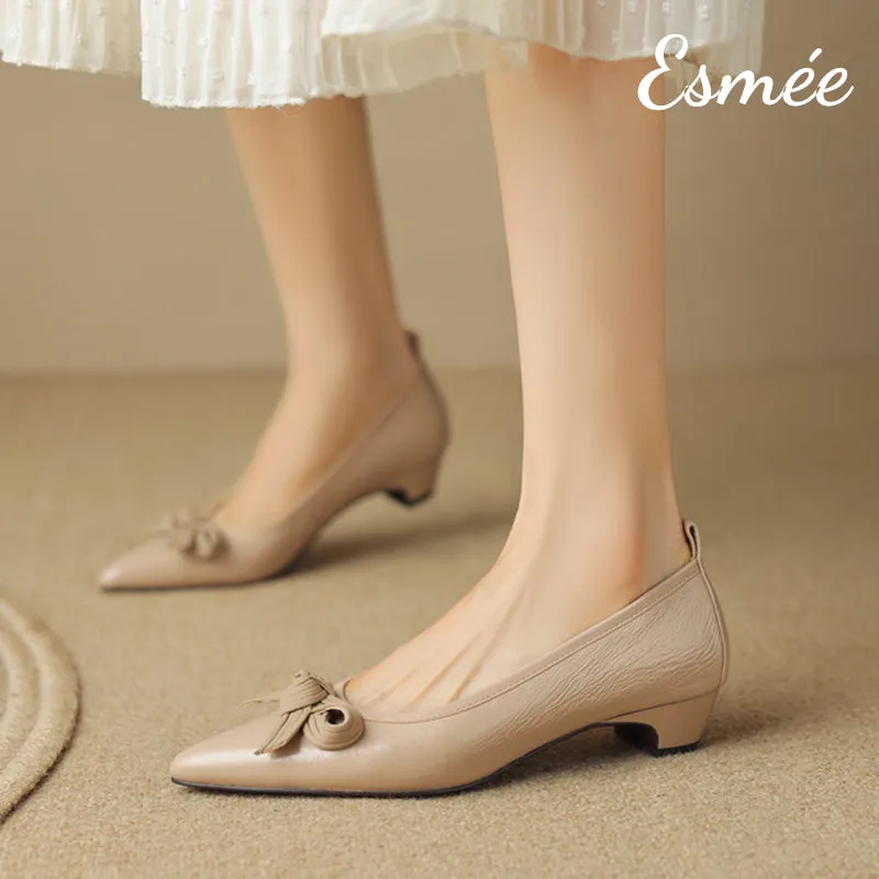 Leather Low Heels with Bow Knot