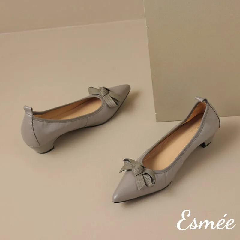 Leather Low Heels with Bow Knot