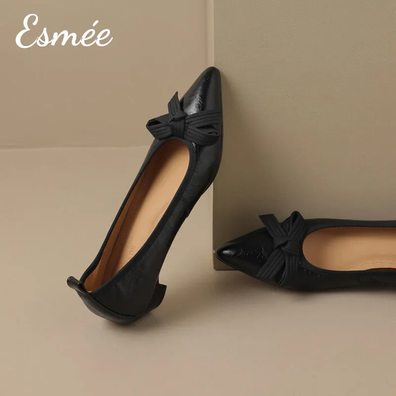 Leather Low Heels with Bow Knot