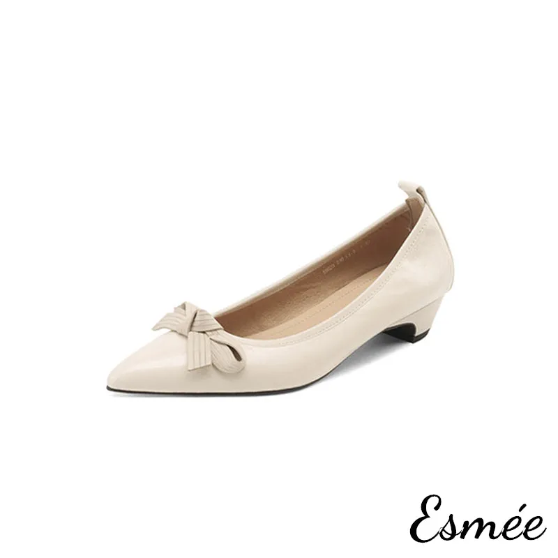 Leather Low Heels with Bow Knot