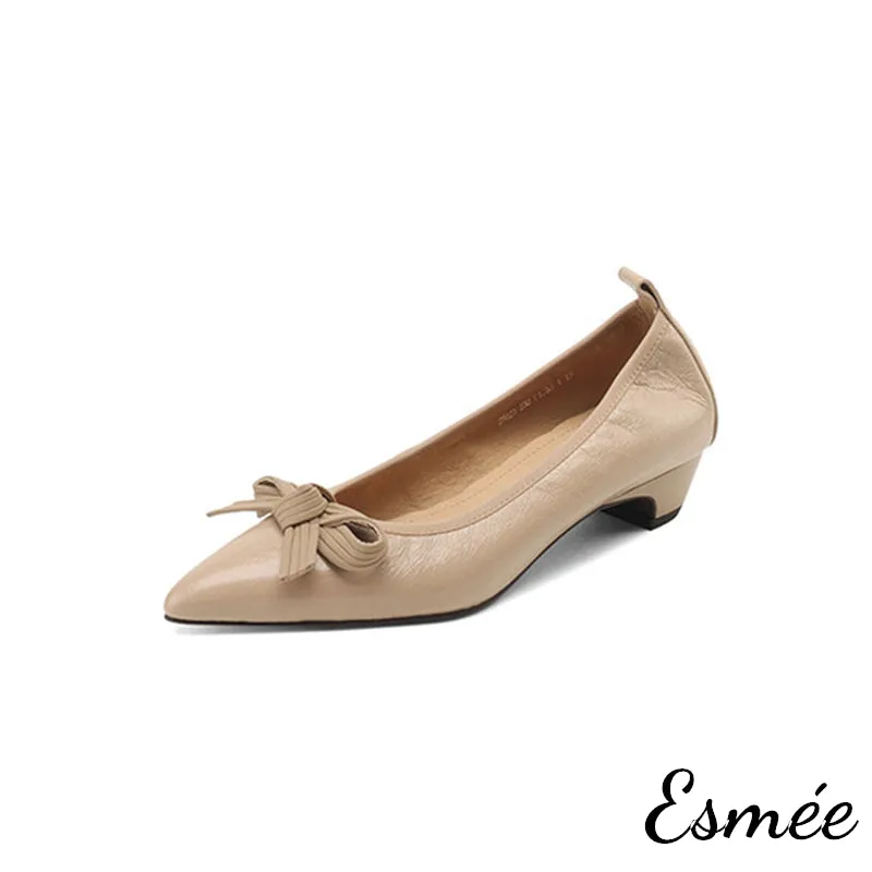 Leather Low Heels with Bow Knot
