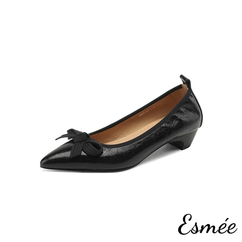 Leather Low Heels with Bow Knot
