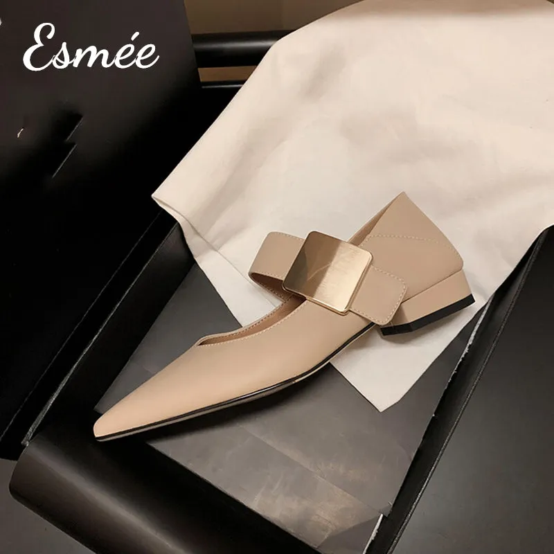 Leather Maryjanes with Square Metal Buckle Design