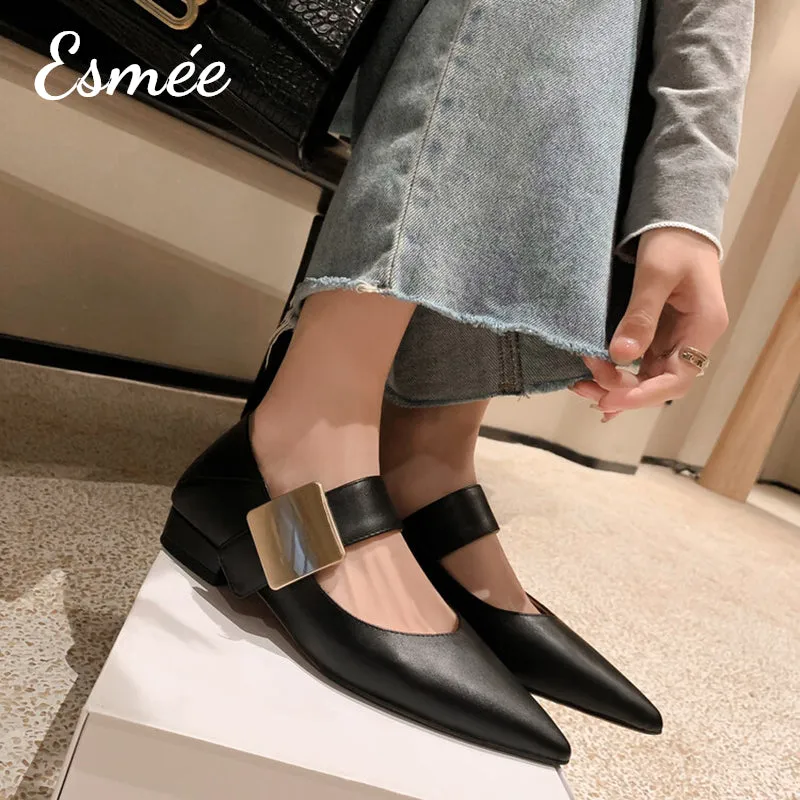 Leather Maryjanes with Square Metal Buckle Design