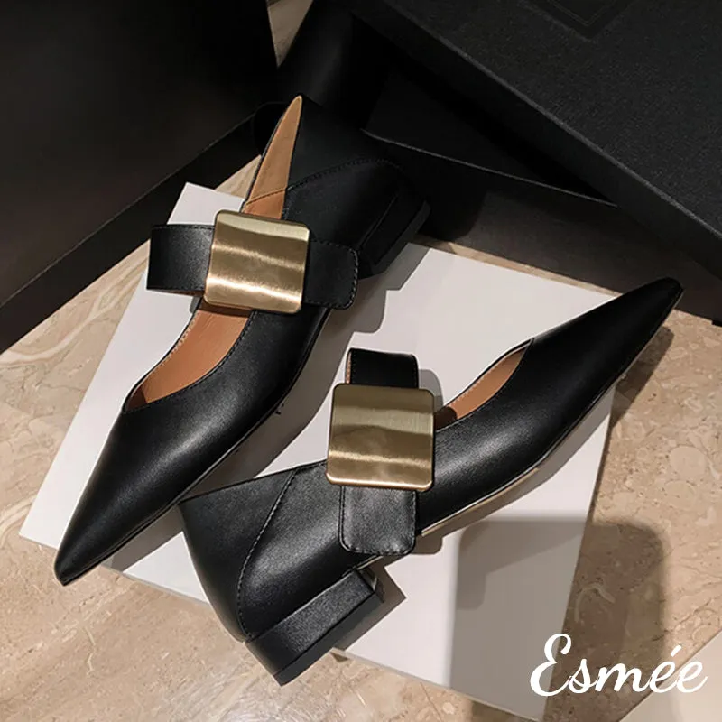 Leather Maryjanes with Square Metal Buckle Design