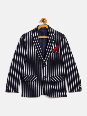 Navy Blue Striped Notched Lapel Blazer