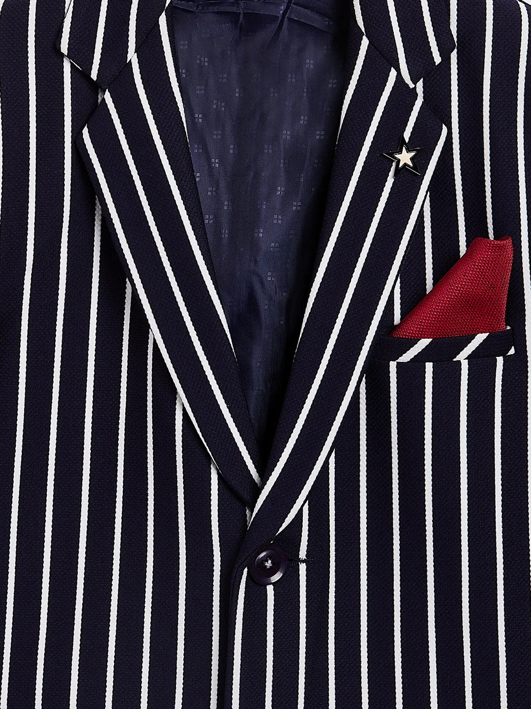Navy Blue Striped Notched Lapel Blazer