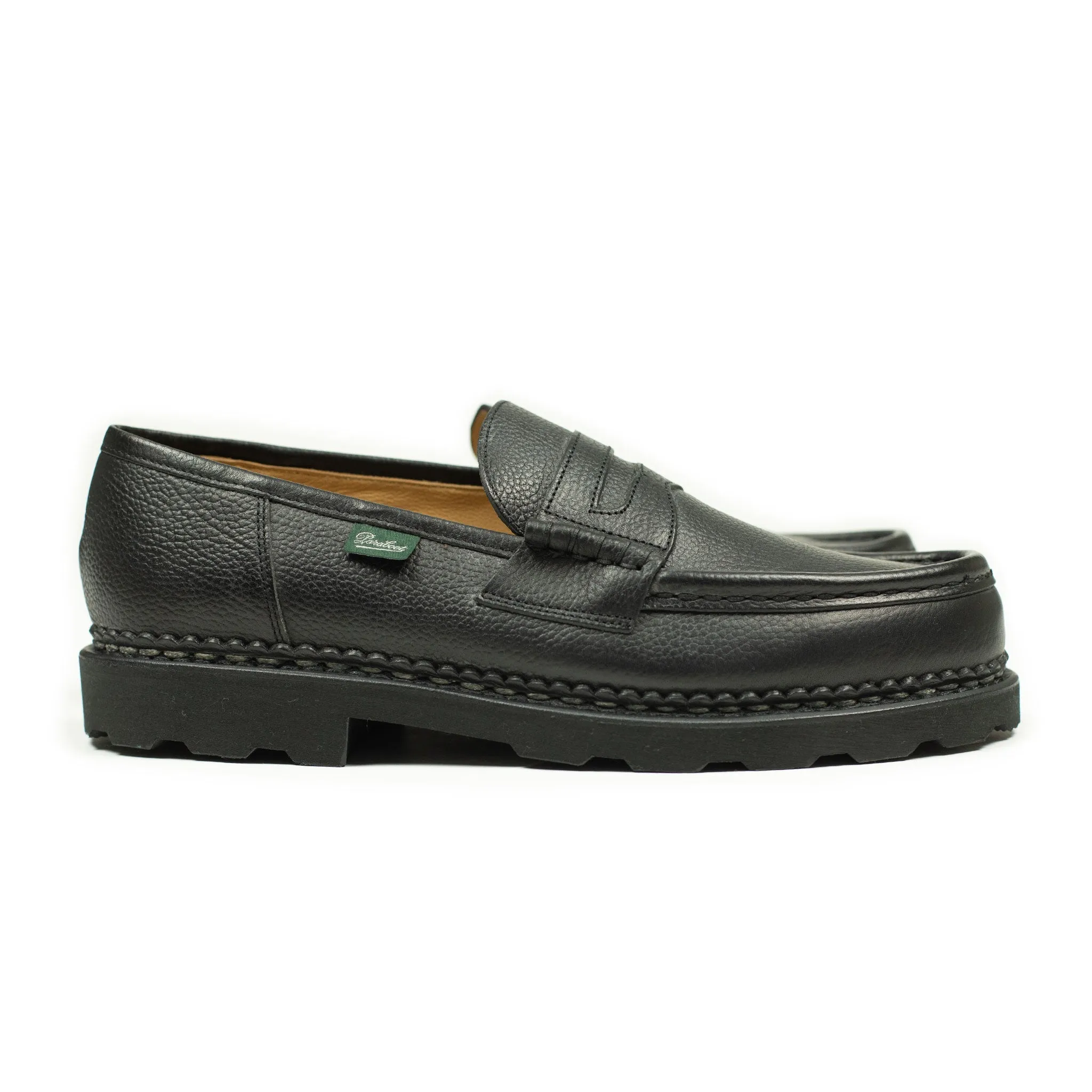 Reims piped seam loafers in black scotch grain leather