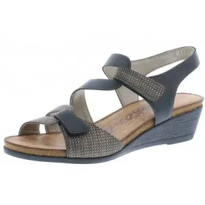 Remonte black & pewter double strap velcro wedge sandal