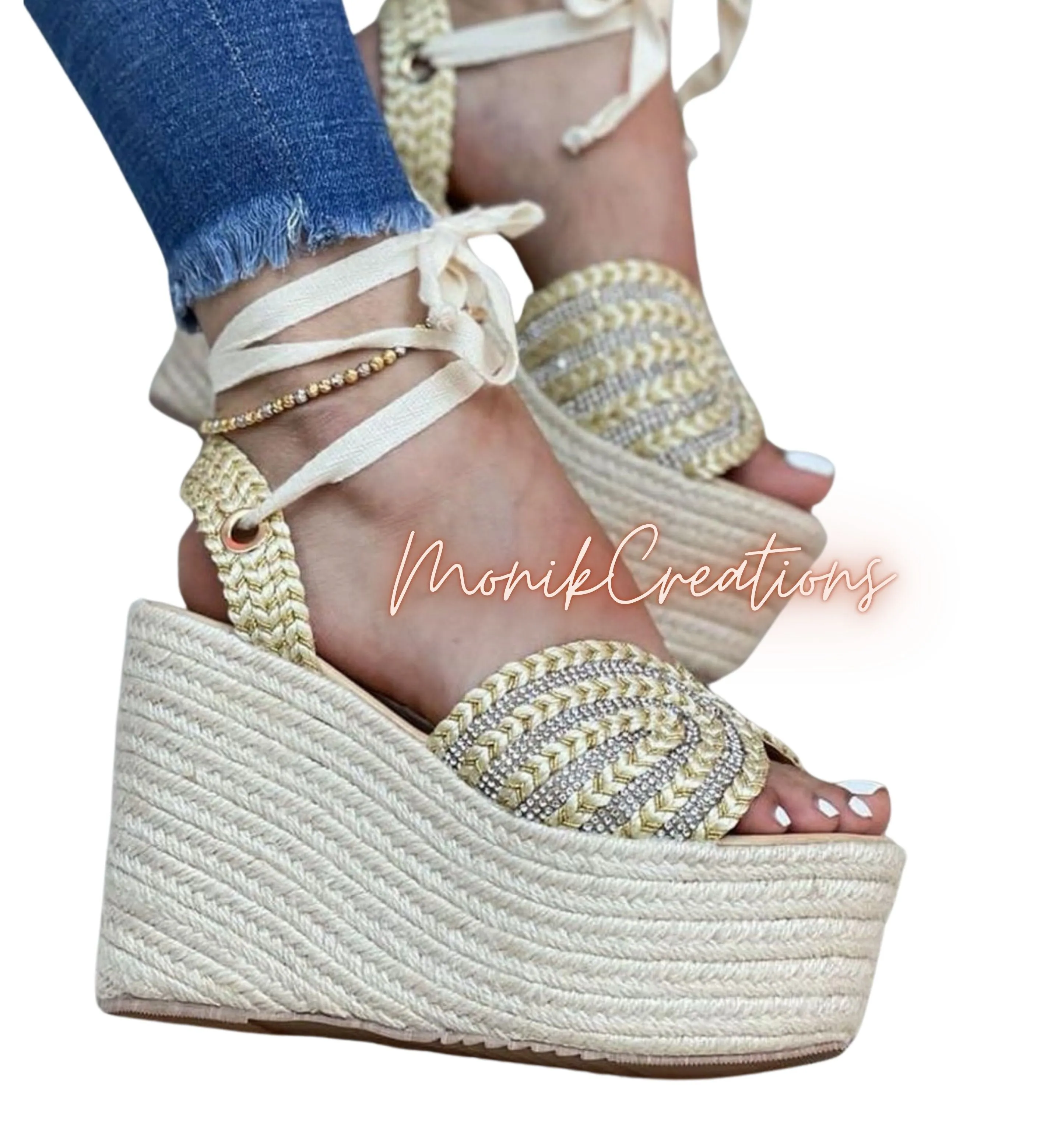 Rhinestone  Ribbon Tie Up Jute Platform Wedge Sandals