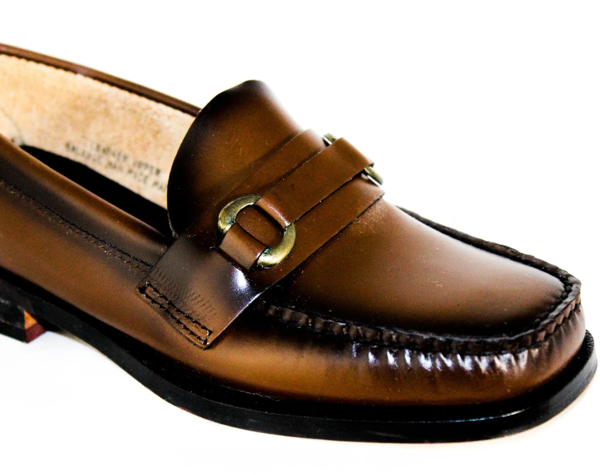 Size 1 Boys Loafer Shoes - Authentic 1960s Brown Leather - Child Size 1D Boy's Preppy Loafer - Bronzed Buckle - 60s Deadstock in Box NIB