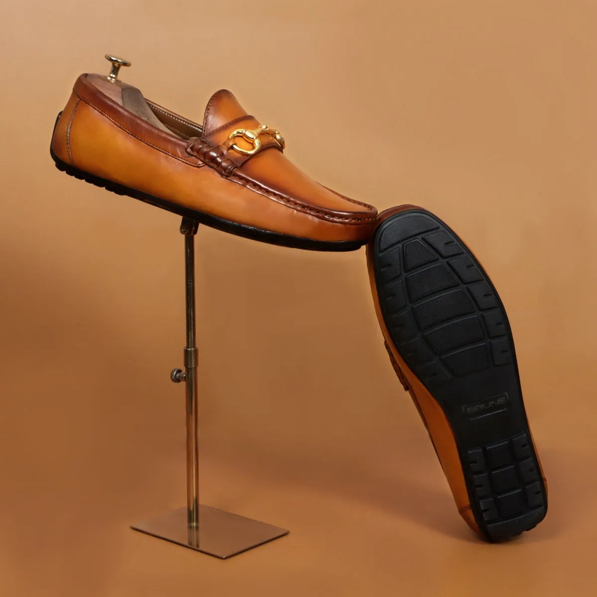 Yellowish Leather Driver Loafer With Horse-bit Buckle